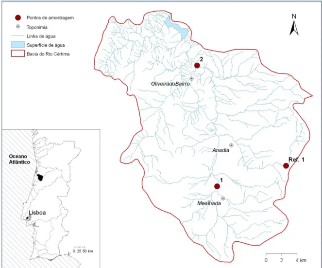 Figura 9 - Mapa com a identificação dos locais de amostragem na bacia hidrográfica do  rio Cértima (Ref.1 – Parada; 1 – Lagoa Seca; 2 – Ponte do Repolão)