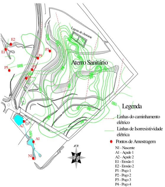 Figura  4-5  Localização  dos  pontos  de  coleta  de  água  e  linhas  de  isorresistividade elétrica