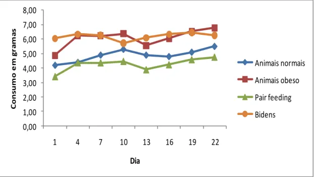 Figura 5. Média de consumo dos diferentes grupos experimentais de ração normocalórica durante 21  dias após a indução da obesidade
