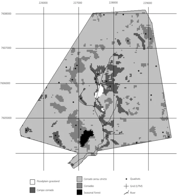 Fig. 1 — Location of quadrats in the Pé-de-Gigante Reserve, Santa Rita do Passa-Quatro, São Paulo, Brazil (21°36-38’S and 47°36-39’W), redrawn after Pivello et al