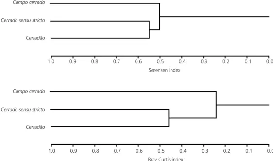 Fig. 3 — Similarity cluster of the herbaceous component among three cerrado physiognomies (Pé-de-Gigante Reserve, Santa Rita do Passa-Quatro, São Paulo, Brazil, 21°36-38’S and 47°36-39’W), according to Sørensen and Bray-Curtis indices.