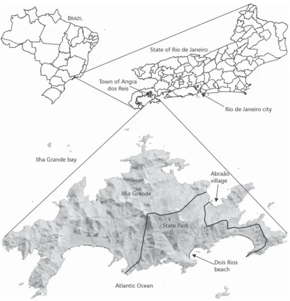 Fig. 1 — The location of the study area on Ilha Grande and in its state park.