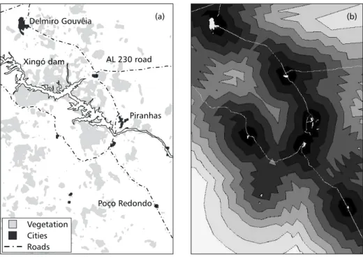 Fig. 2 — Digital maps of: (a) the remaining vegetation, paved roads and cities; and (b) classes of combined distance from roads and cities in the study site (Xingó region, Brazil).