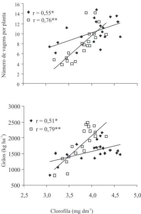 Figura 2. Correlação entre teor de clorofila e de nitrogênio nas folhas do feijoeiro, em sistema de plantio direto ( ) e  pre-paro convencional do solo ( )
