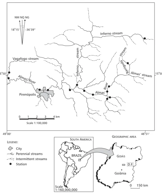 Fig. 1 — Map of the Almas’ River basin, Pirenópolis Municipality, GO, showing the sampling stations.