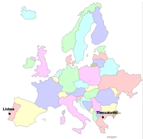 Figura 4.1- Localização geográfica das cidades de Lisboa e Thessaloniki,   no mapa da Europa
