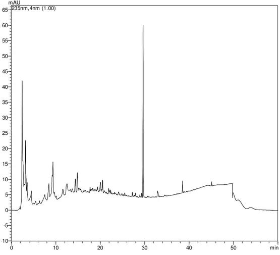 Figura 19. Cromatograma em gradiente exploratório obtido por CLAE-DAD  monitorado a  Ȝ = 235 nm do extrato bruto de Colletotrichum sp