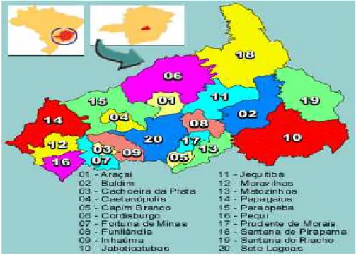 Figura 1. Mapa representativo da localização de Paraopeba e municípios vizinhos, no Estado  de Minas Gerais