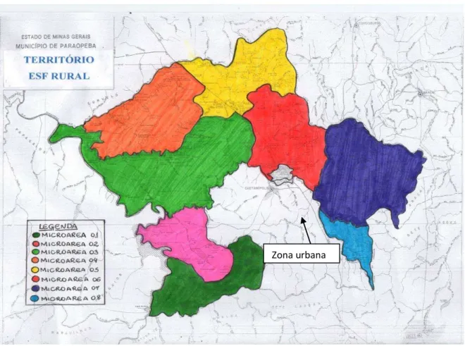 Figura 5 - Mapa da área de abrangência da ESF Rural, dividido por microáreas. Paraopeba,  2015