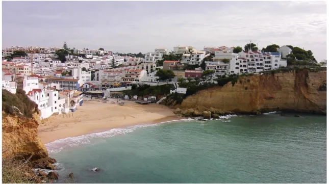 Figura  3  –   Edificação  em  zonas  de  elevado  risco:  Praia  do  Carvoeiro,  Algarve,  Portugal,  2003;  um  exemplo da ocupação desregrada que tem sido levada a efeito nas zonas costeiras (Foto: L.C