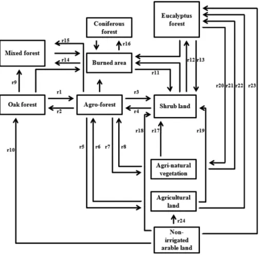 Fig. 3. The conceptual diagram showing the main land use/cover (LU/LC) dynamics between oak forest, oak agro-forestry, shrub land and other land use types with influence on the passerine traits’ dynamics (StDM response variables)