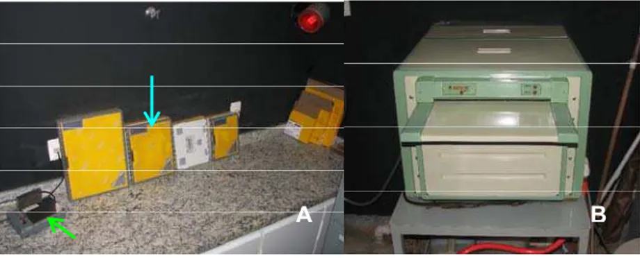 Figura 3. Câmara escura (sala revelação): chassi metálico 24x30 cm (seta azul) e identificador radiográfico eletrônico (seta verde) (A).