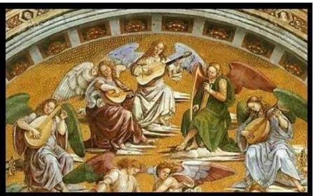 Fig. 1  – Afresco de Luca Signorelli (1500), localizado na capela de S. Brizio, Na catedral de Orvieto,  demonstra um anjo (ao centro) tocando vihuela (www