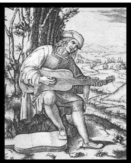 Fig 8 – Viola da Mano, desenho feito antes de 1510, por  Marcantonio Raimondi .  (http://en.wikipedia.org/wiki/Vihuela)