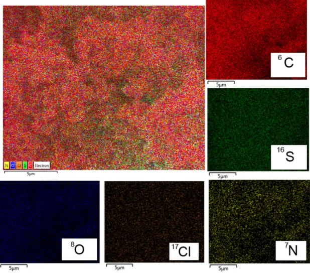 Figure 3. EDS analysis with mapping of elements present in as-synthesized  PANI-Graphene composite
