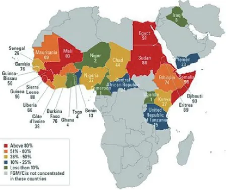 Figura 1. Prevalência de MGF/CGF (meninas e mulheres entre os 15 e os 49 anos  de idade) por país