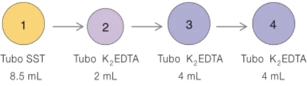 Figura 3 – Ordem de prioridade dos tubos (1-Tubo para rea- rea-lização  das  análises  bioquímicas  e  isolamento  de soro, 2-Tubo para realização do hemograma  e  medição  da  HbA1c,  3-Tubo  para  extração  de  ADN, 4-Tubo para isolamento de plasma).