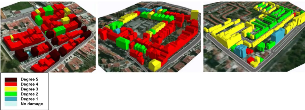 Fig. 9 Simulation of near source earthquake with intensity IX in the pilot areas: Ajuda (left), Grac¸a (middle), and Alvalade (right)