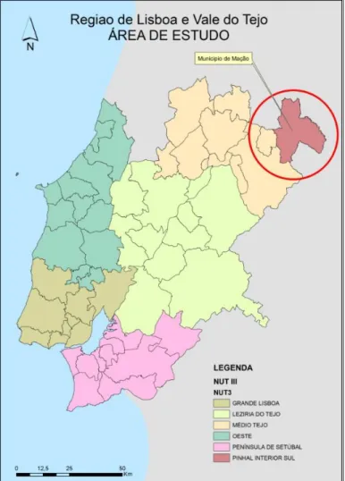 Figura 3 - Caracterização da Área de Estudo com destaque para um dos municípios   com conflito territorial (Mação) 