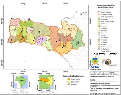 Figura 6 - Caracterização espacial da área da pesquisa em Santa Catarina - Sobreposição das  Secretarias de Desenvolvimento Regional – SDRs e Bacias Hidrográficas – 2014 