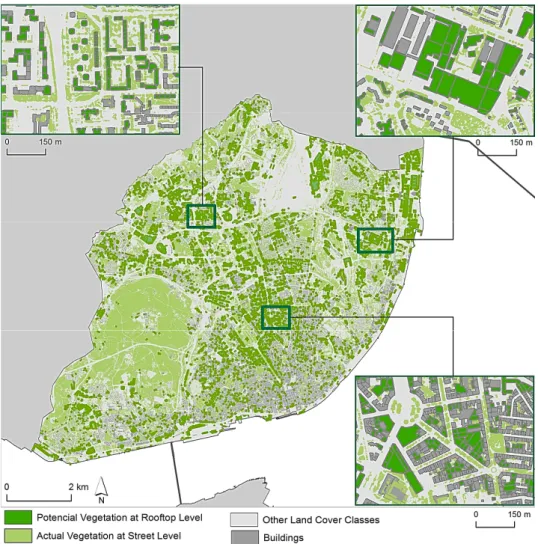Figure 7. Current vegetation cover at ground level and potential vegetation at rooftops considering the Flat and Pitched Green Roof and Shaded to Sunny scenario.