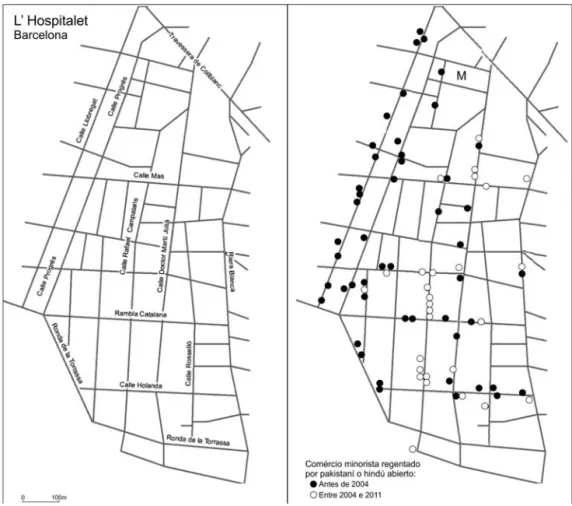 fig. 2 – Comercio pakistaníes y/o hindúes en la área de estudio en 2004 e 2011.