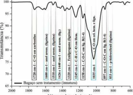 Figura 14. Espectro de FTIR-ATR do bagaço de cana in natura, e suas principais bandas de absorção