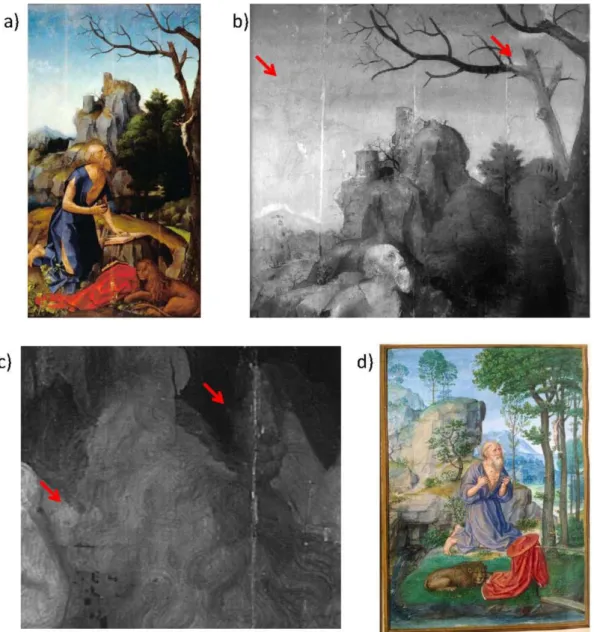 Figure 12. (a) “S.Jerónimo” (P5); (b) IRR characters found in the sky area or the cross of Christ, left to be painted in a lower position; (c) changing of the lion position, previously painted facing the trees; (d) illuminated “S.Jerónimo”, belonging to th
