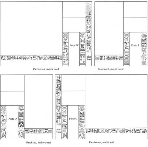 Fig.  4:  Les  bandeaux  de  texte  de  la  moitié  ouest  de  la  salle  N  et  les  inscriptions modiﬁées des jambages des portes Q et S, U et W.