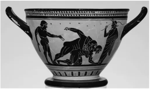 Fig. 14.  Skyphos à figures noires du peintre de Thésée. 500 a.C.