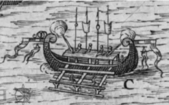 Fig. 5 – A kora-kora with two culverins on the central deck. Bird’s eye view of a the reception at sea  near Ternate (detail), circa 1600