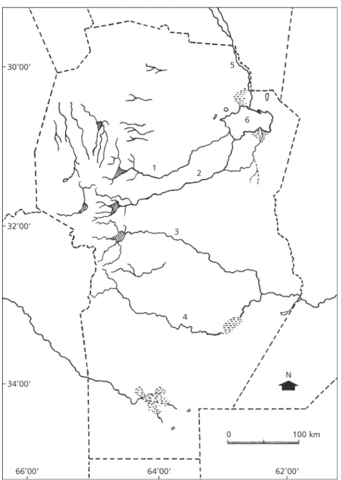 Fig. 1 — Map of the studied area showing the location of the rivers. References: 1. Primero River; 2