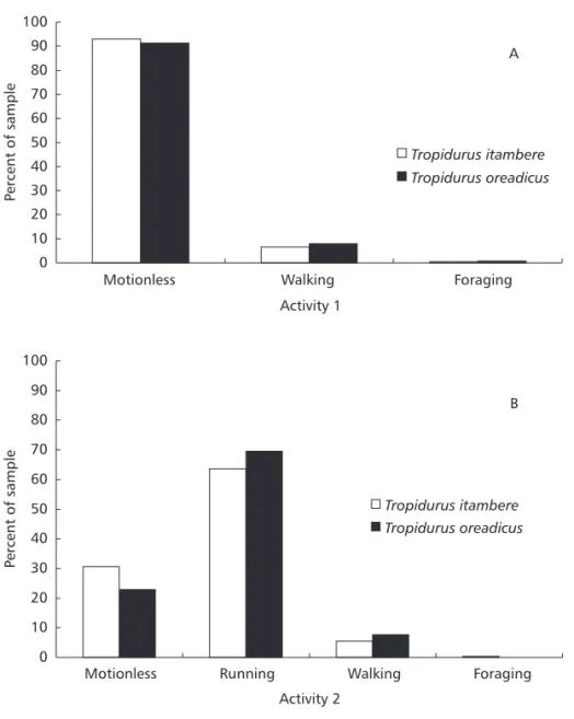 Fig. 4 — Behaviour (A – first sighting; B – after the observer’s approach; N = 240 Ti and N = 244 To) of Tropidurus itambere and T