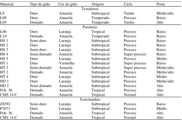 Tabela 1.  Características agronômicas de três linhagens elites testadoras, de quinze materiais genéticos parentais utilizados na síntese dos “topcrosses” e de quatro testemunhas de milho, 1999/2000.