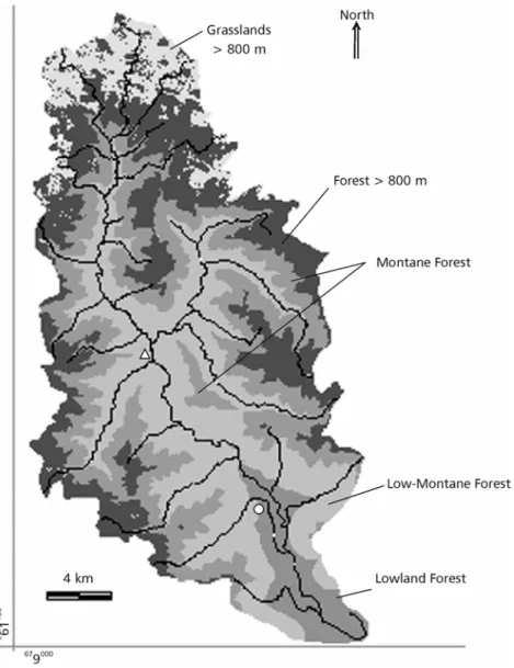 Fig. 1 — Potential natural vegetation in the Maquiné river basin (RS, Brazil), based on altimetric ranges described in Teixeira et al