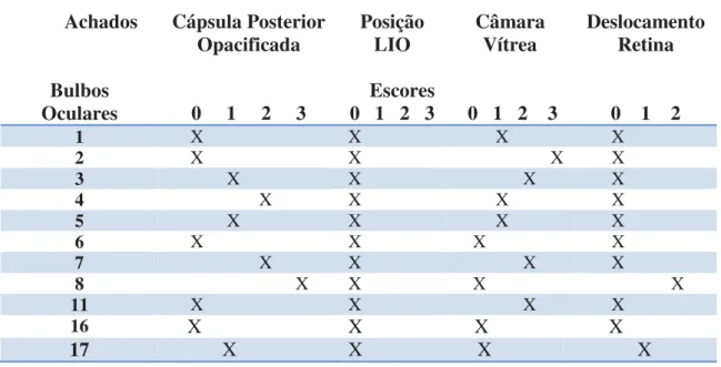 Tabela 4: Achados relacionados à opacidade de cápsula posterior, posição  da lente intraocular, câmara vítrea e retina: grupo CA 