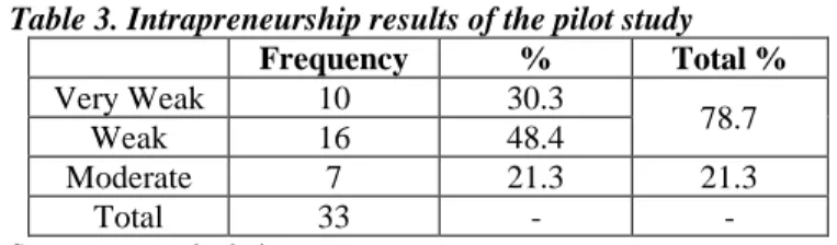 Table 3. Intrapreneurship results of the pilot study 