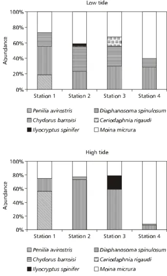 Fig. 2 — Spatial distribution of cladocerans in the Capibaribe river estuary, Recife, Pernambuco (Brazil), from July 1987 to June 1988.