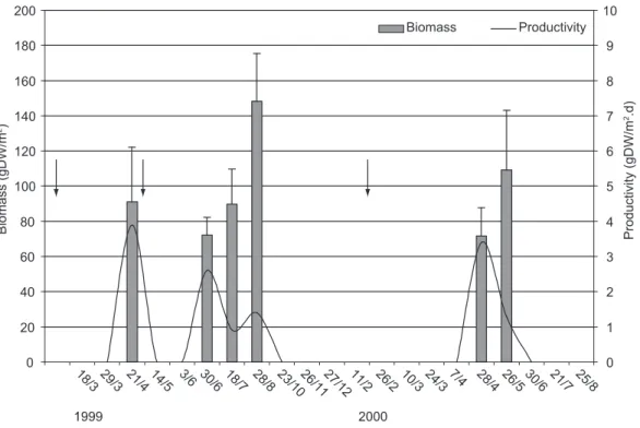 Fig. 4 — Mean biomass (gDW/m 2 ), standard deviation, and productivity (gDW m -2 .day -1 ) of the aquatic macrophyte Najas sp  in the marginal temporary puddle of the Taperoá river (between 7° 00’ S and 7° 30’ S and 37° 00’ W and 36° 10’ W) in 21 field  vi
