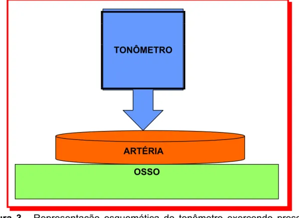 Figura 3 - Representação esquemática do tonômetro exercendo pressão  sobre a artéria e osso