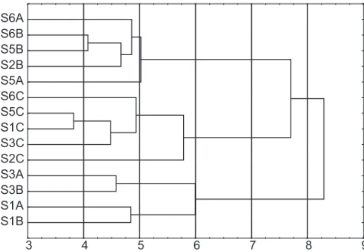 Fig. 4 – Cluster Analysis based on the abundance matrix (Ward’s method). A – April; B – August; C – February.