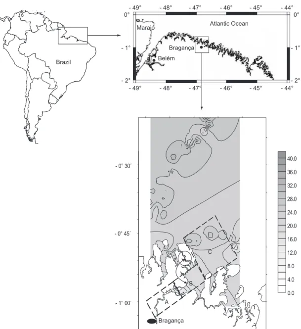 Fig. 2 — Geographical location of the Caeté River Estuary and position of the three sampling areas in relation to the salinity  (‰) gradients defining the upper (A); middle (B); and lower (C) estuary.