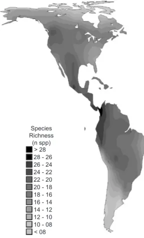 Fig. 1 — Spatial patterns of species richness in New World terrestrial Carnivora.