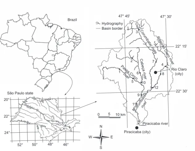 Fig. 1 — Geographical location of Corumbataí river basin with 12 sampling units (SUs): 1, 2, 3 (Passa Cinco river); 4, 5, 6  (Cabeça river); 7, 8, 9 (Corumbataí river); 10, 11,12 (Ribeirão Claro river)