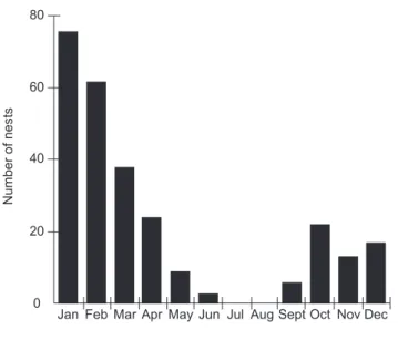 Fig. 2 — Seasonal variation in the number of nests of Trypoxylon opacum obtained monthly from January, 2002 to December,  2003 (second sampling period).