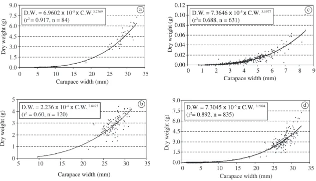 Figure 2. Correlation curves in Chasmagnathus granulatus (carapace width vs. dry weight) collected in Samborombón Bay,  Argentina