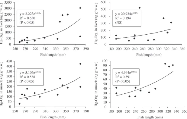 Figure 2. Correlation between organic-Hg concentrations and fish length in C. fulva from inshore (right) and offshore (left)  waters of NE Brazil