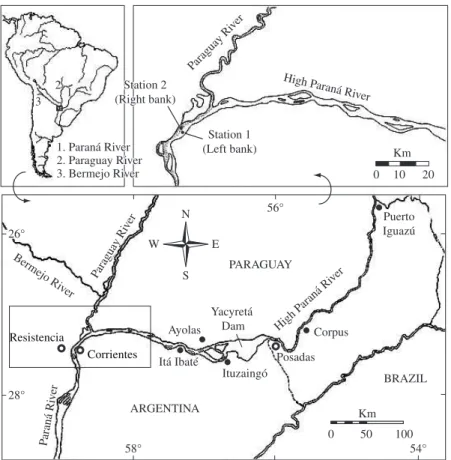 Figure 1. Location map of the study site showing the two sampled stations in the Paraná river