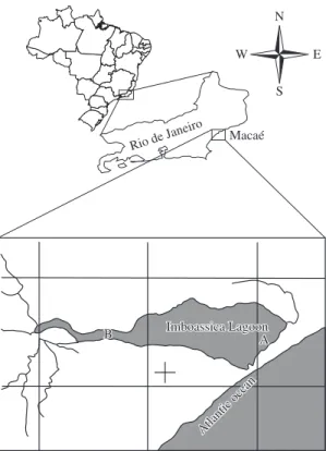 Figure  1. Imboassica Lagoon map, Macaé, RJ. A and B -  sample stations.