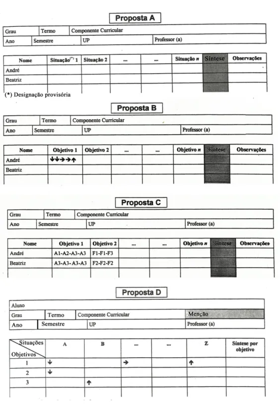 Figura 9 - Propostas de planilhas de registro de avaliação 